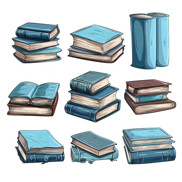 Hand drawn set of various books with blue cover