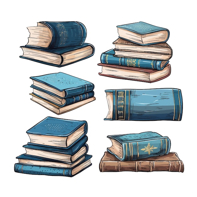 Hand drawn set of various books with blue cover