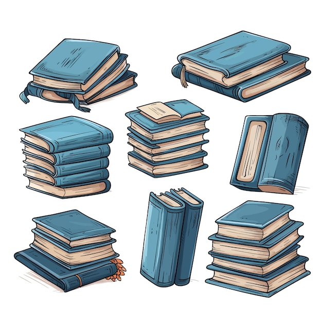 Hand drawn set of various books with blue cover