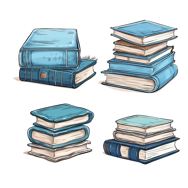 Hand drawn set of various books with blue cover