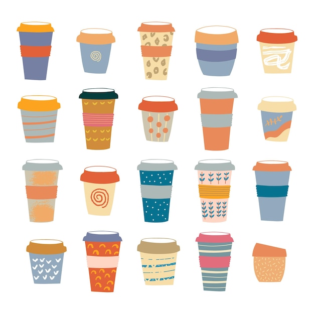 Hand drawn set various coffee cups. Colored vector set on white background