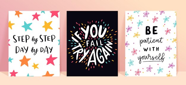 Hand drawn set of vector motivational quotes The inscriptions step by step day by day if you fail try again be patient with yourself Self care lettering concept