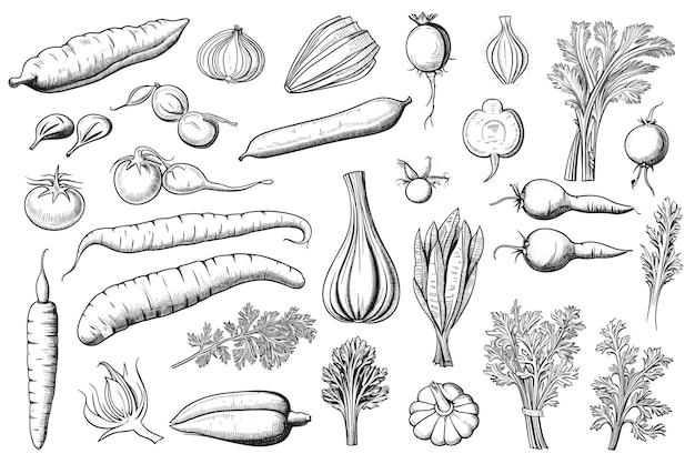 Hand drawn set of vegetable elements carrot salad tomato onion lettuce chili