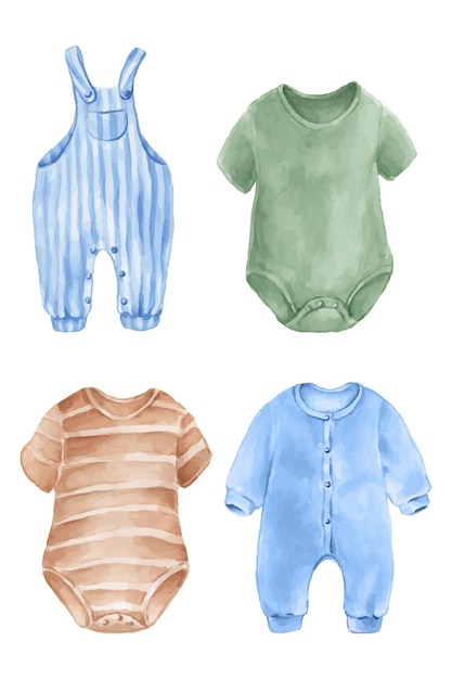 Vector hand drawn set of vintage childrens clothing watercolor illustration for baby shower