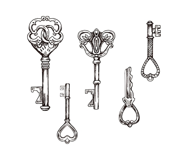 Vector hand drawn set of vintage decorative keys sketches with intricate forging