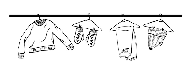 Hand-drawn set of warm clothes on a hanger