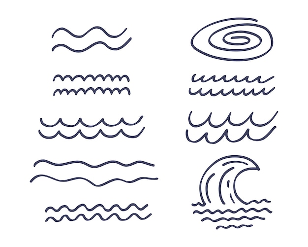 Vettore insieme disegnato a mano di elementi d'acqua d'onda. illustrazione di vettore di stile di schizzo di scarabocchio. design semplice dell'icona