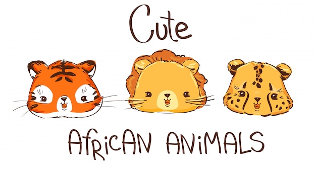 Hand drawn set of wild african cats, kittens. 