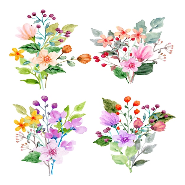 Vector hand drawn set of wild flowers bouquet