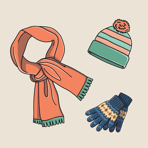 Vector hand drawn set of winter accessories beanie gloves and scarf