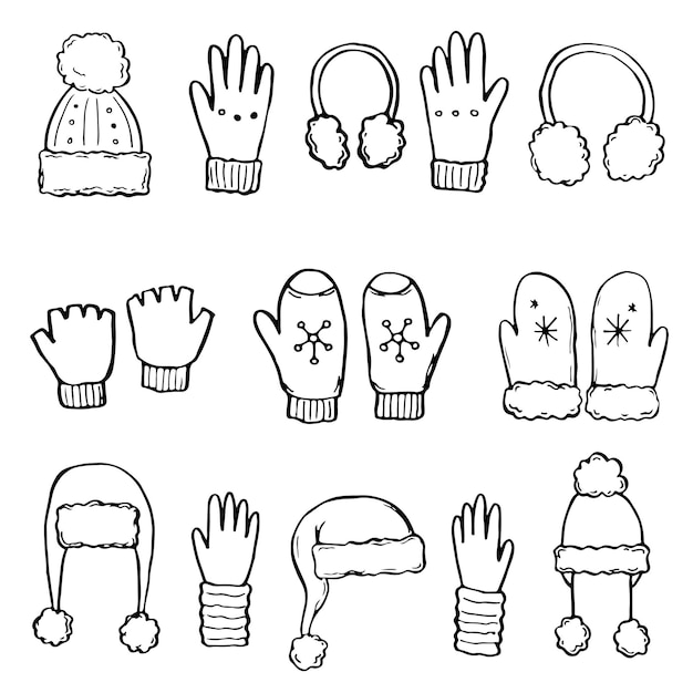 Hand drawn set of winter clothes and accessory: hat, scarf, coat, mitten, shoes, sweater. Sketch style doodle for children, christmas design. Isolated vector illustration.