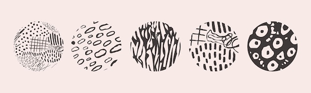 Hand drawn set with round isolated abstract black patterns or backgrounds Various doodle shapes