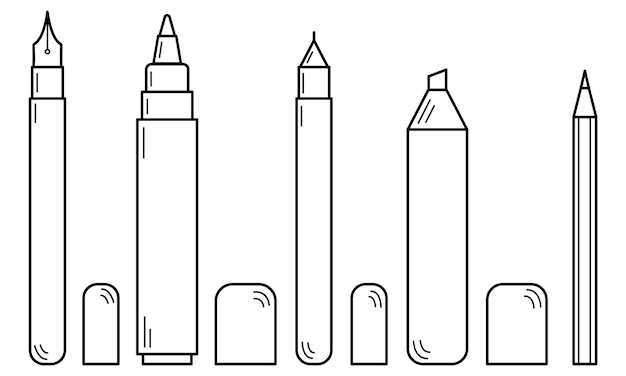 Vector hand drawn set of writing materials. pen, felt-tip pen, pencil, fountain pen. outline. vector.