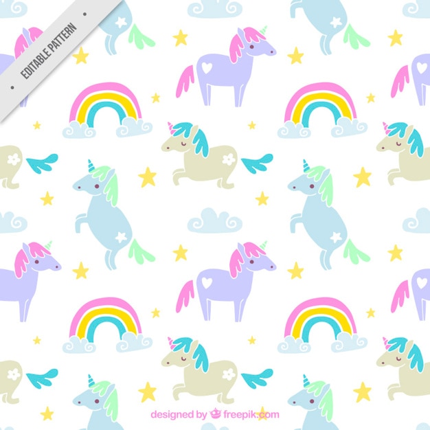 Vector hand drawn several unicorn with cute rainbow pattern