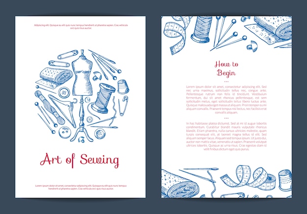 hand drawn sewing elements card, flyer template for atelier or sewing classes illustration