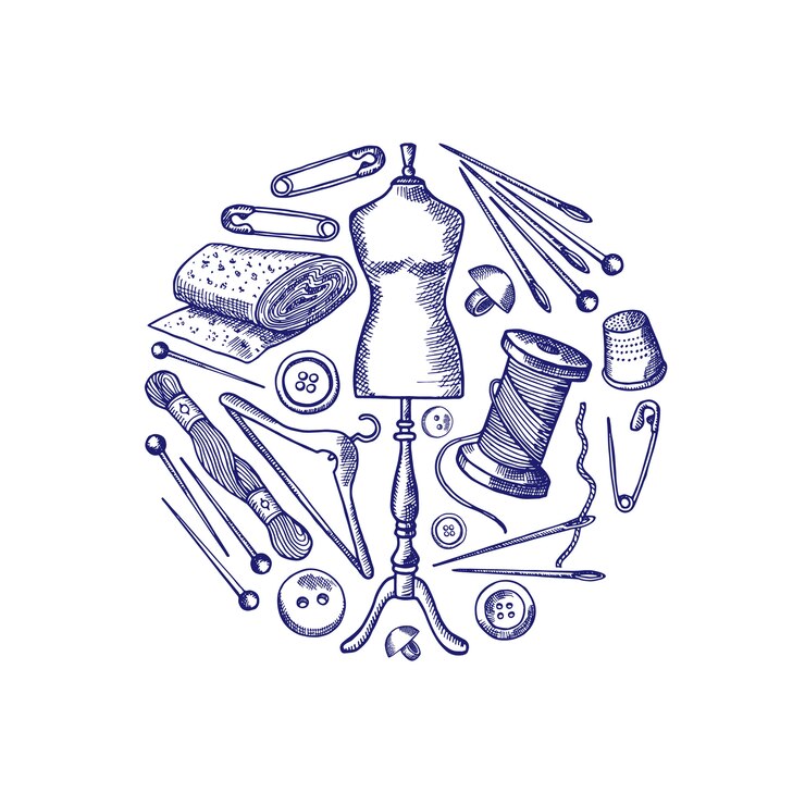 Vector hand drawn sewing elements gathered in circle illustration isolated on white