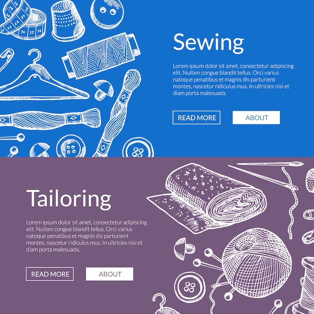 Hand drawn sewing elements horizontal web banners illustration