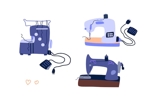 Vector hand drawn sewing machine and overlocker icons vector illustration on white background blue sewing