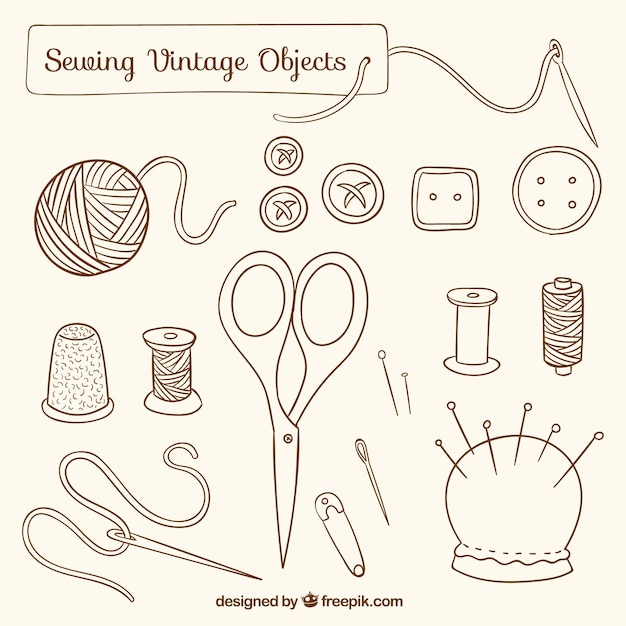 Hand drawn sewing vintage objects