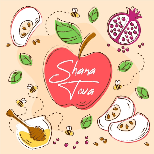 hand drawn shana tova and veggies
