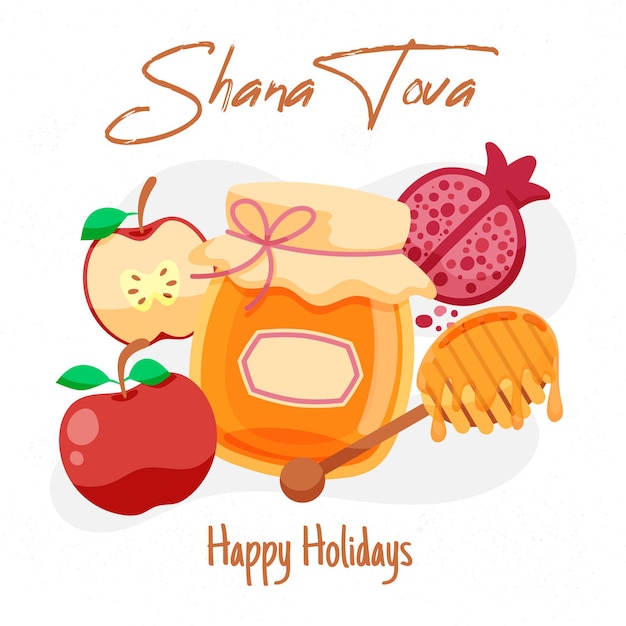 Hand drawn shana tova with honey and apples