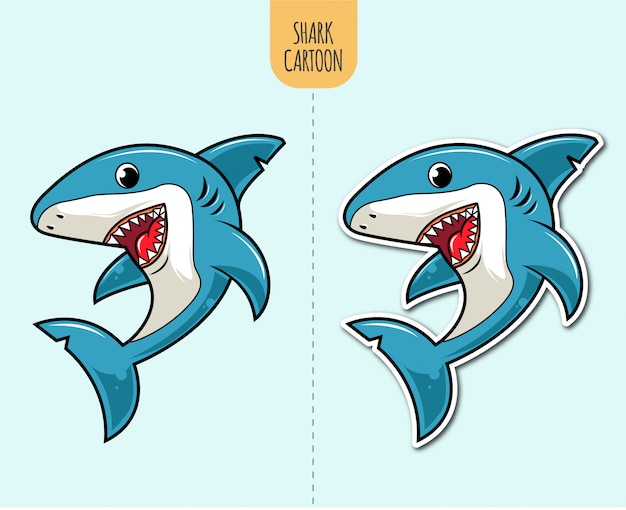 Illustrazione disegnata a mano del fumetto dello squalo con l'opzione di progettazione dell'autoadesivo