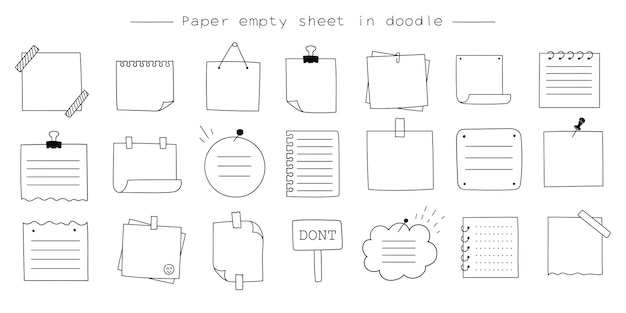 Hand drawn sheets of note paper sticky note reminder todo list Bullet journal elements in doodle style