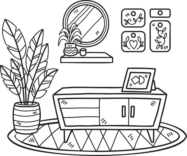 Hand Drawn shelf with plants on carpet interior room illustration