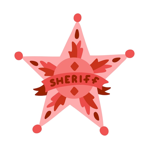 Vector hand drawn sheriff badge in the star shape in cartoon cute style cowgirl emblem of western police