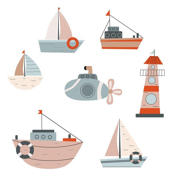 Hand drawn ships boats and lighthouse in pastel colors vector illustration with sea transport