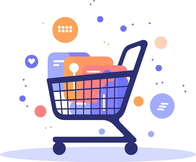 Vector hand drawn shopping cart full of gifts at the mall in flat style isolated on background