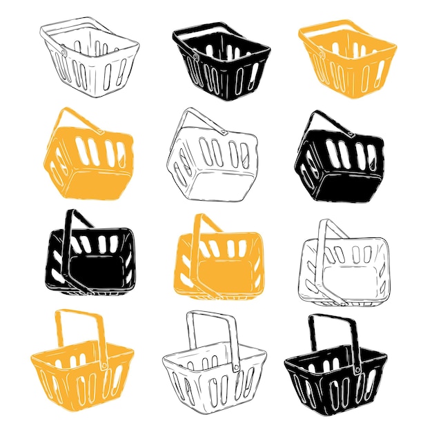 Hand drawn shopping cart silhouette set Online commerce shopping basket vector illustration