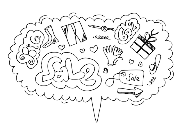 Hand drawn shopping doodle icon set on speech bubble