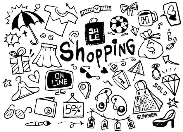 Vector hand drawn shopping and sale doodle setxa