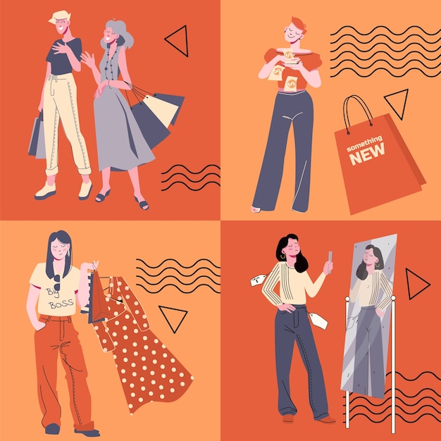 Hand drawn shopping women