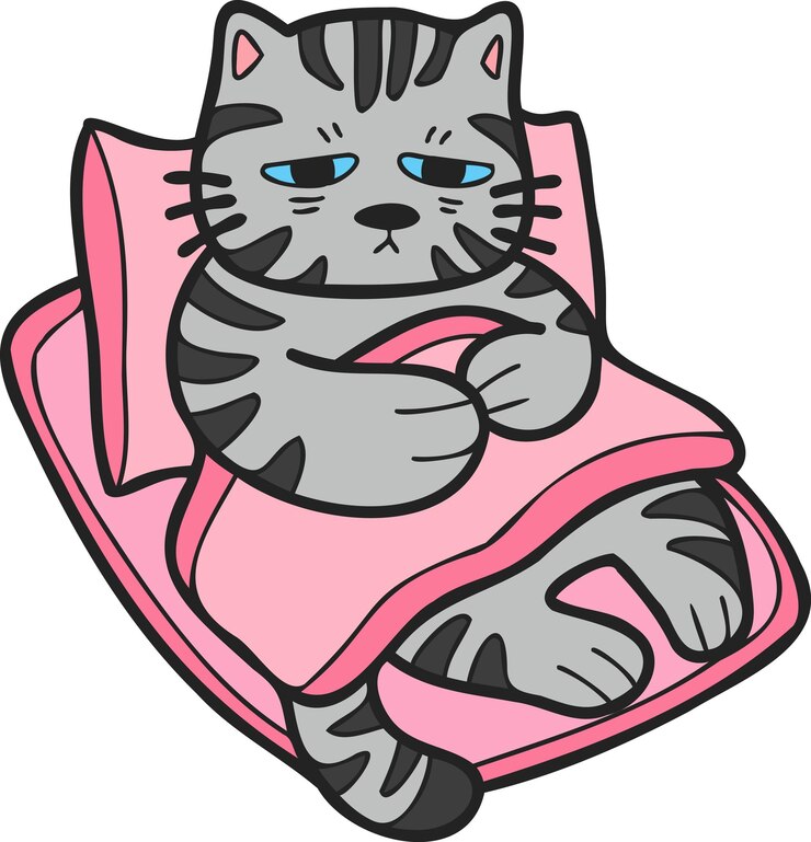 Vector hand drawn sick striped cat sleeping on pillow illustration in doodle style