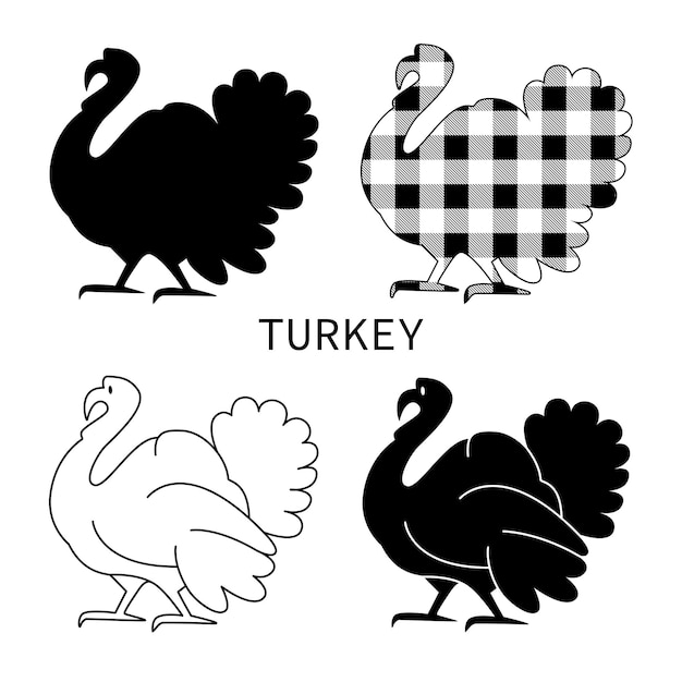 Vector hand drawn silhouettes collection of turkeys buffalo plaid outline silhouette happy thanksgiving