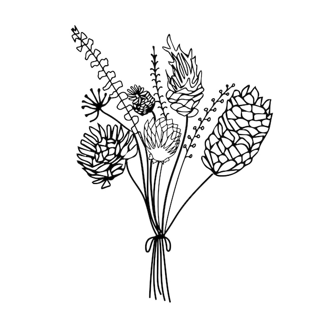 手描きのシンプルな花のベクトルを黒のアウトラインで描画