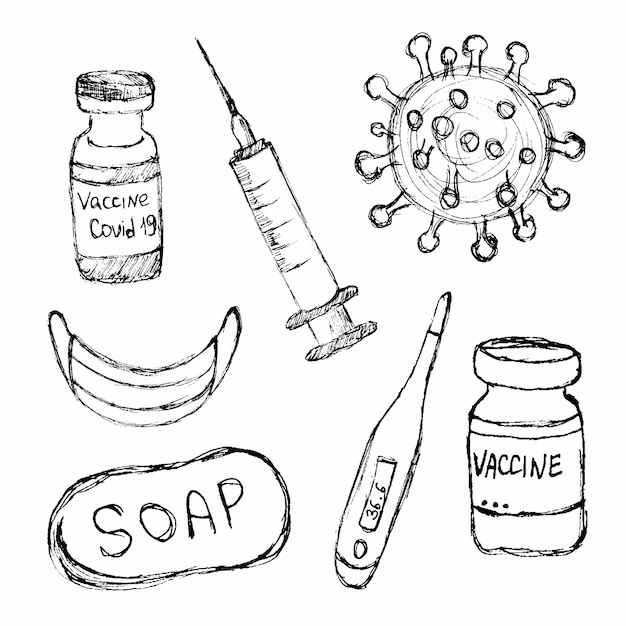 Hand drawn Simple Set of Vaccine Related Vector Line Icons in doodle style