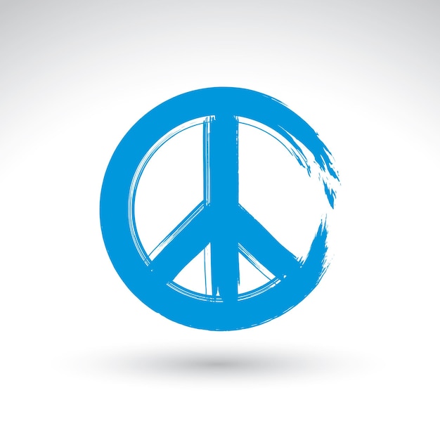 Vector hand drawn simple vector peace icon, brush drawing blue realistic peace symbol from 60s, hand-painted hippy sign isolated on white background.