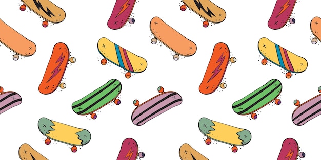 Hand drawn skateboard seamless pattern.