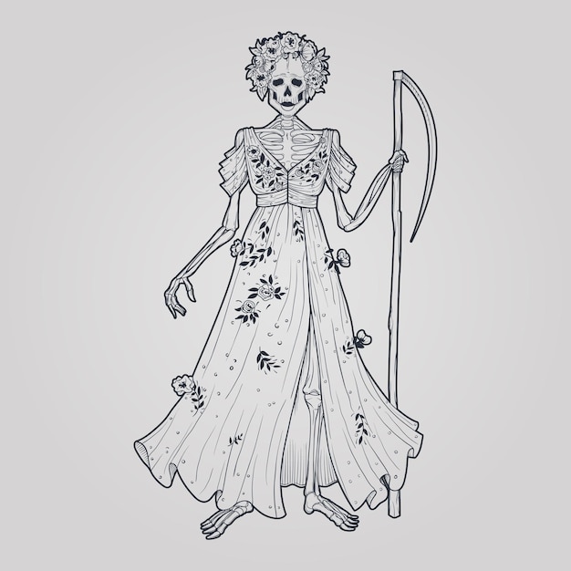 Hand drawn skeleton in a dress with a scythe A wreath on the head of poppy flowers and roses Tattoo design Line art outline sketch isolated Vector illustration