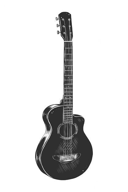 Vettore schizzo disegnato a mano di chitarra acustica in bianco e nero