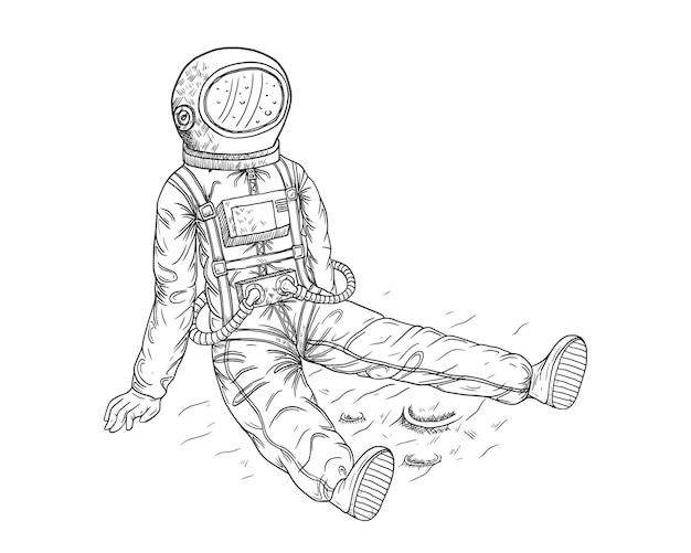 Hand drawn sketch of astronaut sit on the moon