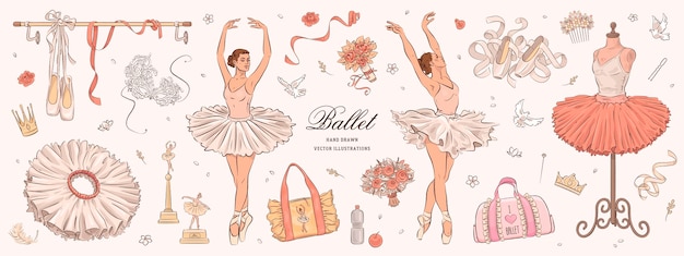 Vector hand drawn sketch ballet set