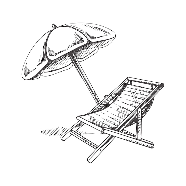 Hand drawn sketch of beach chair with beach umbrella isolated on white background