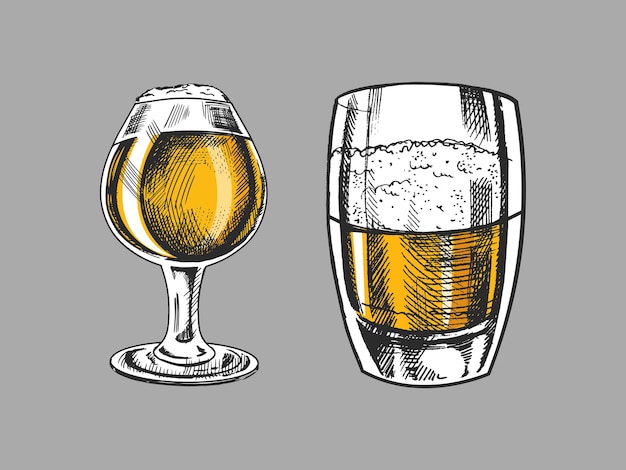 Hand drawn sketch of beer mug and glass of beer isolated on white background