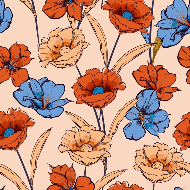 Hand drawn sketch blooming flowers in the garden floral repeat seamless pattern in vector design