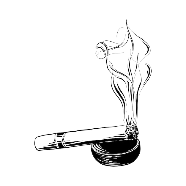 Hand drawn sketch of burning cigar in black 