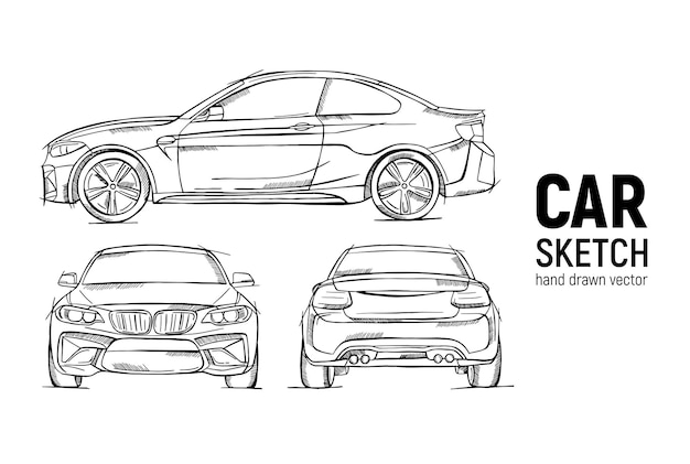 手描きスケッチ車ベクトルセット正面背面と側面図セダン車鉛筆デザイン